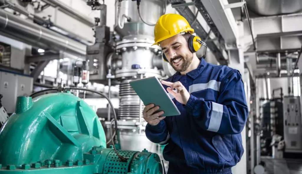 Technicien utilisant une tablette sur un site industriel